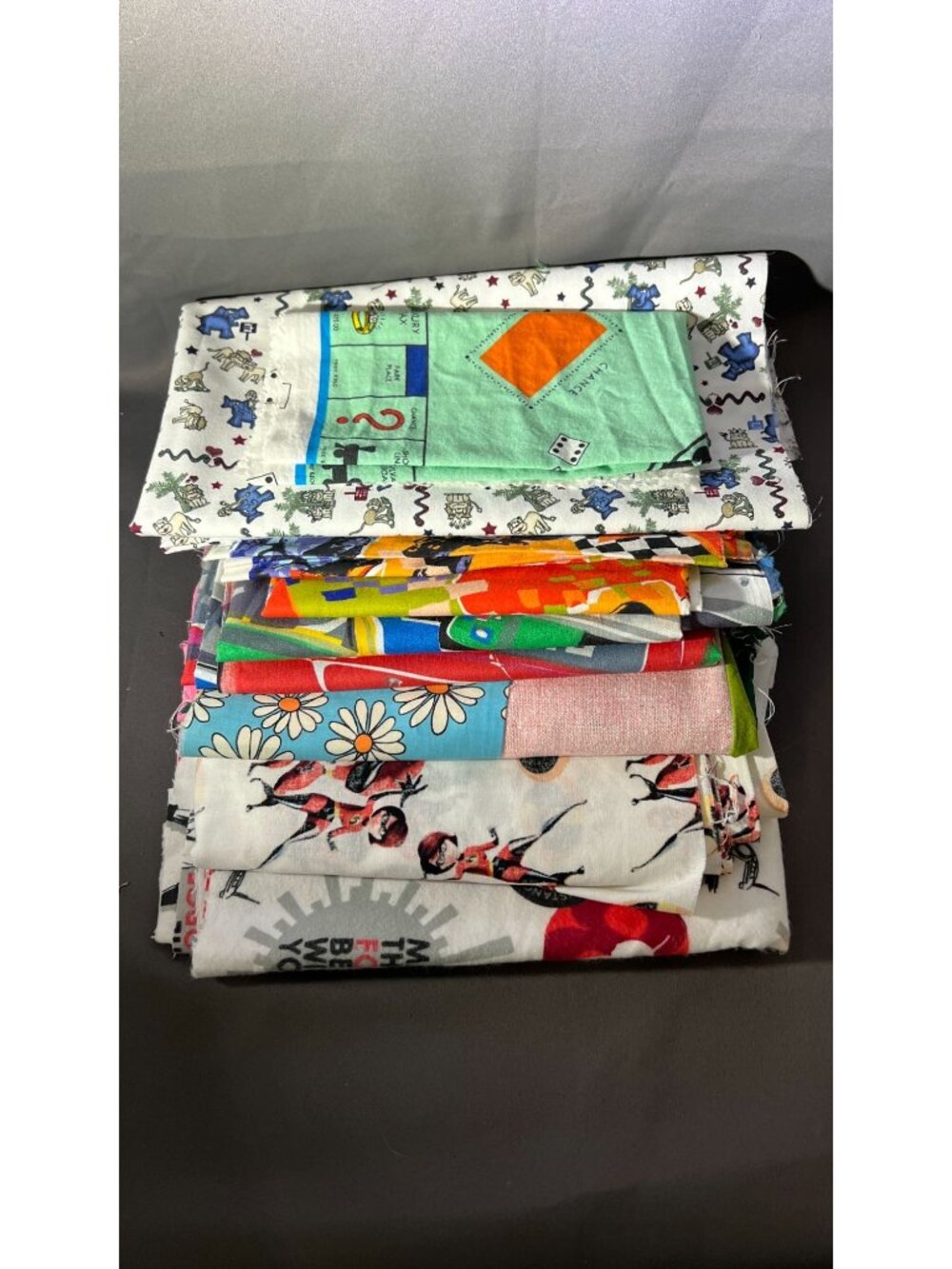 Assorted Licensed Character & Novelty Fabric Scraps Star Wars Monopoly & More